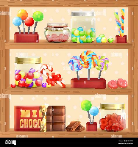 Sweet Store Shelf With Bonbons Chocolate And Lollipops Vector