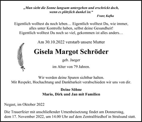 Traueranzeigen von Gisela Margot Schröder trauer anzeigen de