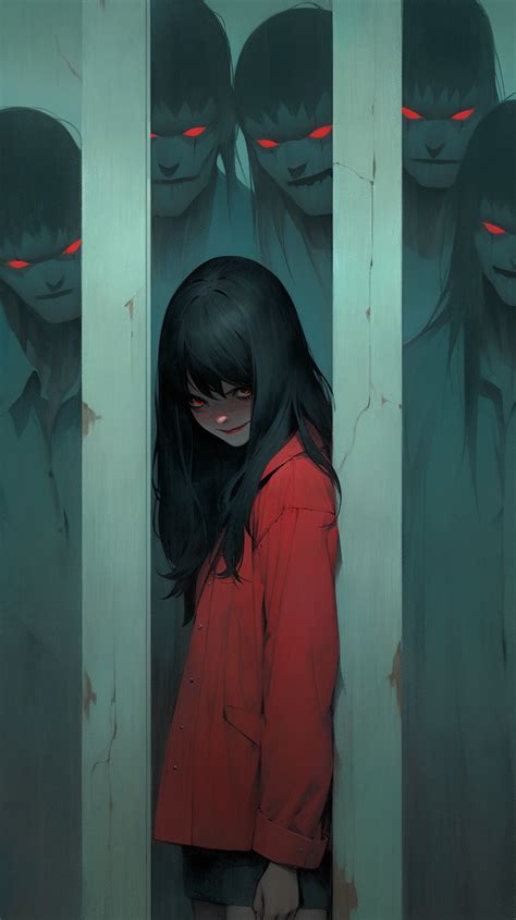 a girl standing in front of a wall with red eyes Художники