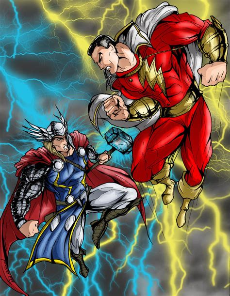 The Battle In The Heavens Thor Vs Captain Marvel By Richrow On Deviantart