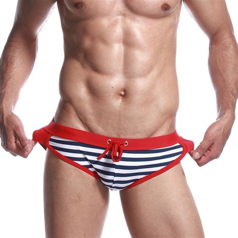 2016 Hot Men Swim Briefs Stripe Swimwear Gay Mens Low Rise Bikini Swimsuit Red Sexy Male Brief