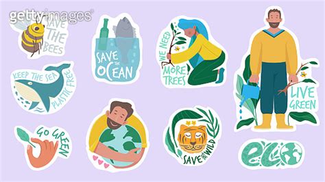 Ecology Sticker Green Planet Save Earth Protection Environment Eco Friendly Vector Concept