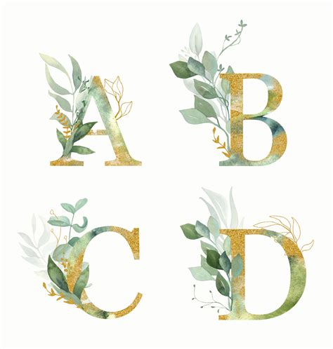 Alfabeto Floral Letras Set A B C D Con Acuarela Verde Y Pan De Oro