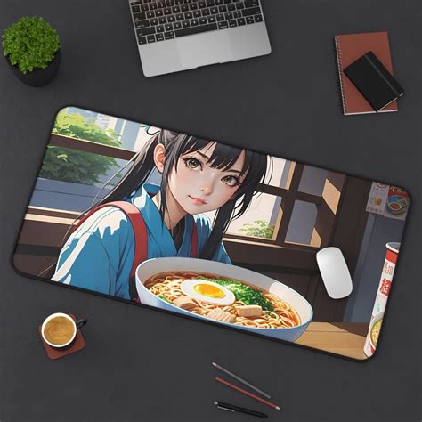 Kawaii Anime Girl Eating Ramen Desk Mat Cute Neoprene Workstation