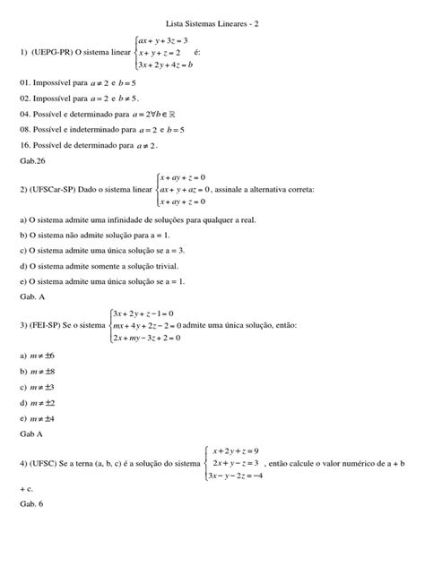 Lista De Sistemas Lineares 2 Pdf Objetos Matemáticos Conceitos