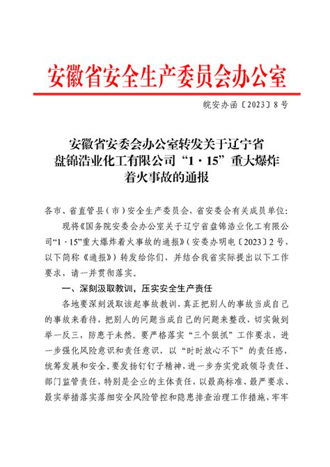 【典型事故通报】关于辽宁省盘锦浩业化工有限公司“1·15”重大爆炸着火事故的通报舒城县人民政府