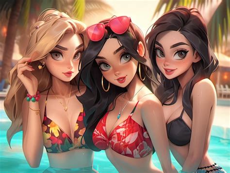 Premium AI Image Three Hot Sexy Anime Girls Mini Bikinisummer Vibe