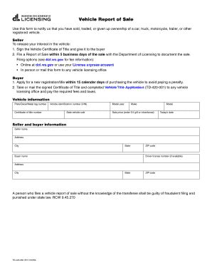 Fillable Online Dol Wa Vehicle Report Of Sale Dol Fax Email Print