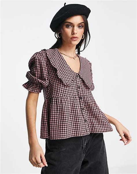 Miss Selfridge Collared Button Through Blouse In Pink Gingham Asos