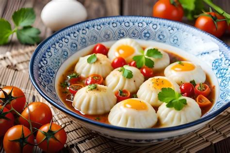 Premium AI Image A Bowl Of Dumplings With Eggs And Tomatoes