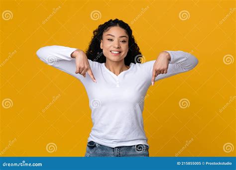 Check This Out Joyful African American Woman Pointing Fingers Down Stock Image Image Of