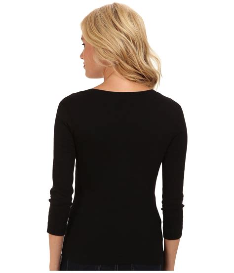 Three Dots 100 Cotton Heritage Knit 3 4 Sleeve Deep V Neck In Black Lyst