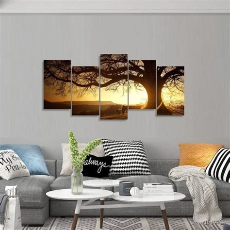 Quadro decorativo Mosaico 5 Peças Árvores Entardecer Paisagem