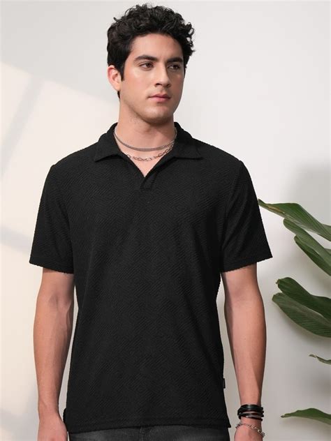 Buy Locomotive Black Self Design Polo Collar T-Shirt for Men Online at ...