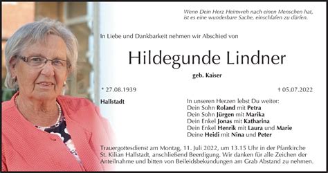 Hildegunde Lindner Traueranzeige Trauer InFranken De