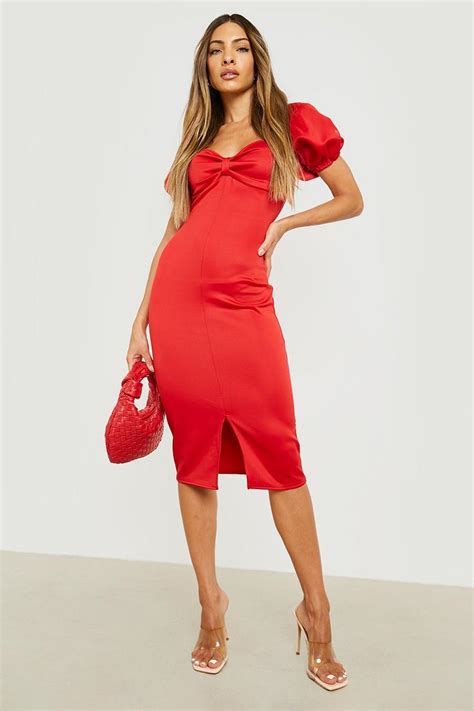 Scuba Puff Sleeve Twist Midi Dress Boohoo