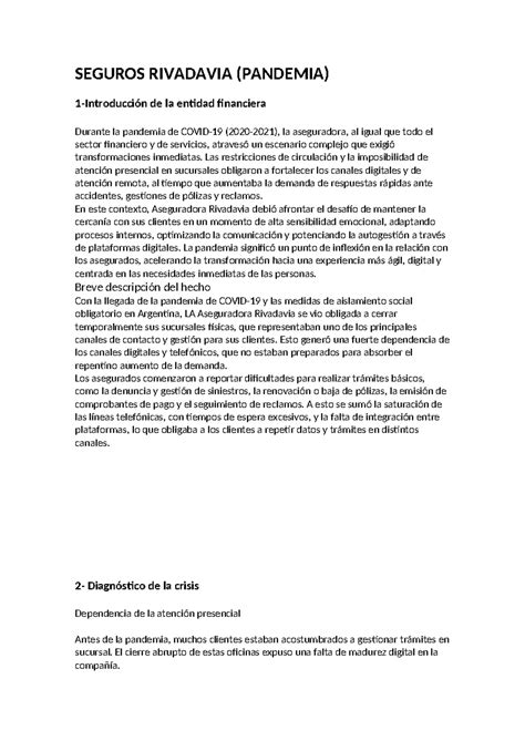 Análisis de la Crisis en Seguros Rivadavia durante la Pandemia - Studocu