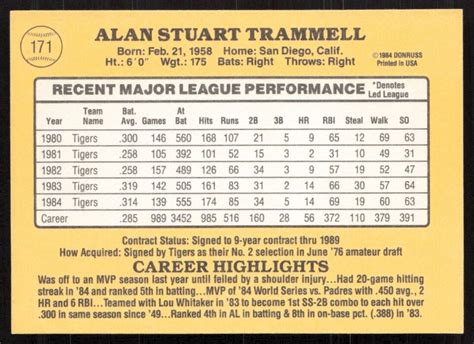 Donruss Alan Trammell Detroit Tigers Ebay