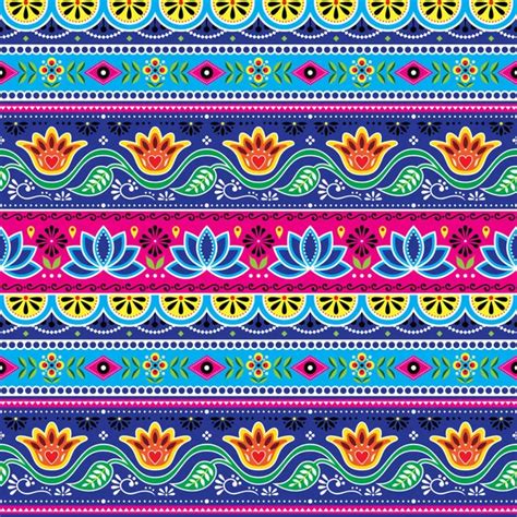 Pakistani Indian Truck Art Vector Seamless Pattern Floral Cheerful ...