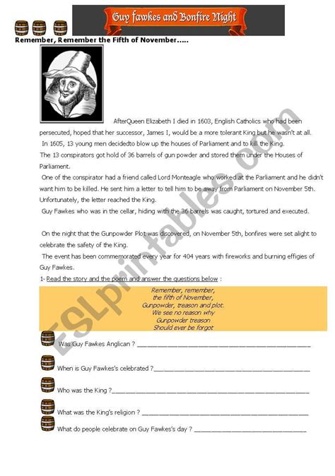 Guy Fawkes Esl Worksheet By Lape