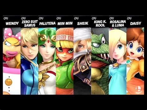 Wendy Vs Zero Suit Samus Vs Palutena Vs Min Min Vs Sheik Vs King K