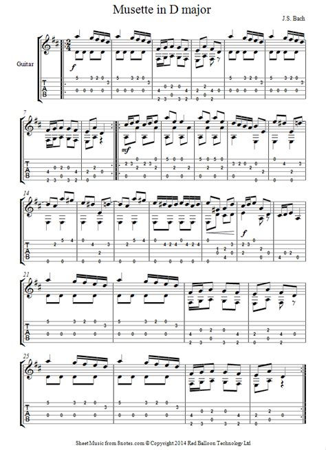 Bach Musette In D Sheet Music For Guitar Notes