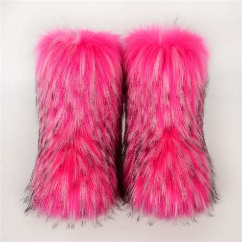 Women Furry Boots Fluffy Fuzzy Snow Boots Winter Warm Comfortable Mid