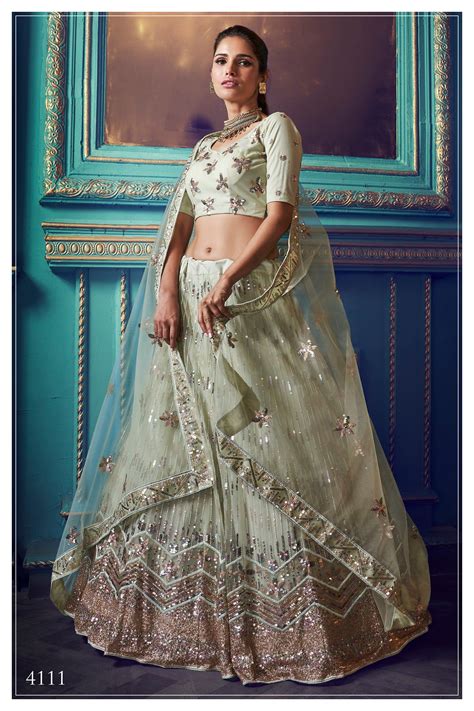 Pastel Green Sequin Embellished Party Wear Lehenga In Net Sea Etsy In