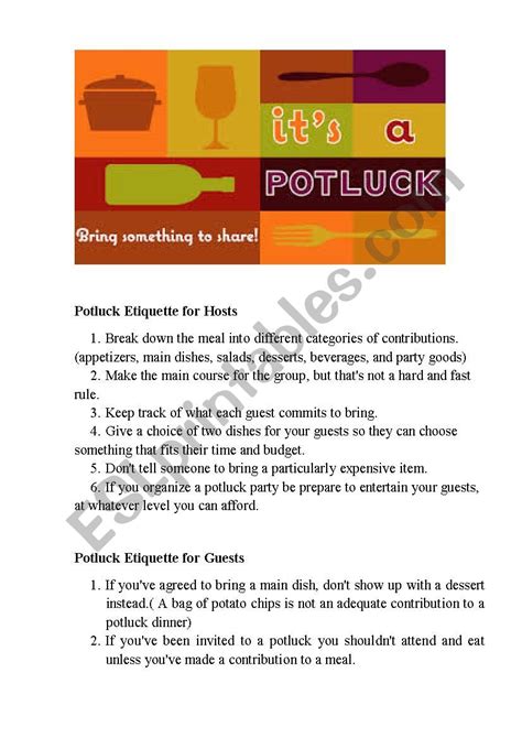 Potluck Party Etiquette for Hosts and Guests - ESL worksheet by Teacher ...