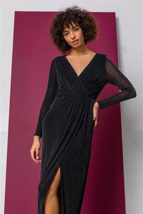 Black Shimmer Wrap Fitted Maxi Dress Roman Uk