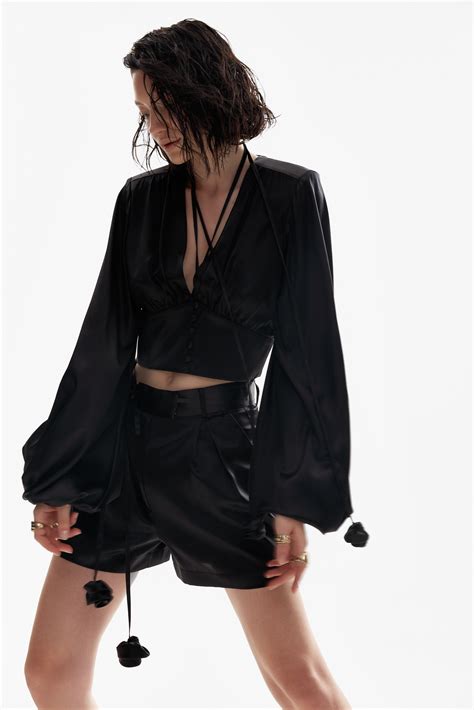 Ample Sleeve Satin Top In Black Lita Couture