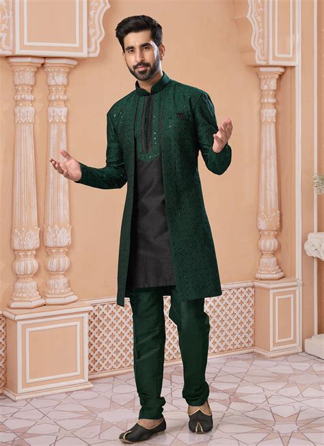 Buy Black And Green Reception Banglori Silk Indo Western Sherwani Online