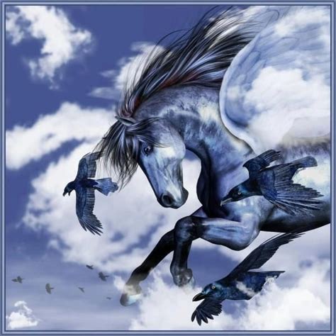 Blue Pegasus Flying With Blue Birds In The Sky Mystical Creatures