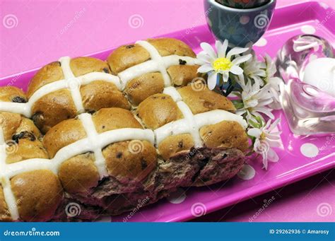 Happy Easter Hot Cross Buns On Pink Polka Dot Tray Stock Photo Image Of Easter Spring