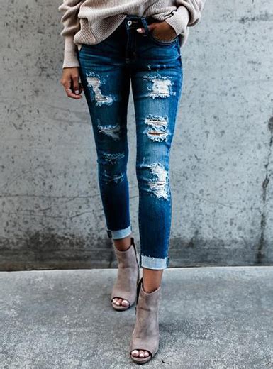 Womens Distressed Capri Skinny Jeans Dark Blue