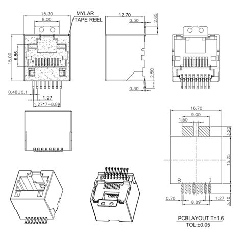 Vertical 180degree Smt Type 1x1 Port Rj45 8p8c Female Connector