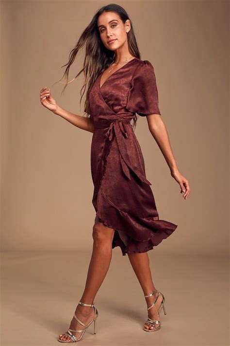 Wrapped Up In Love Burgundy Satin Faux Wrap Midi Dress Artofit