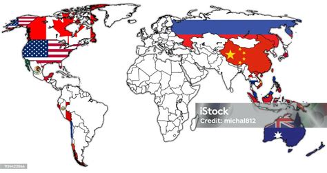 Asiapacific Economic Cooperation Member Countries Flags On World Map Stock Illustration