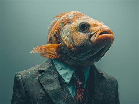 Fish Wearing A Blue And Red Tie Suit Themed Background In The Style Of