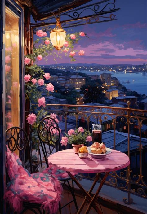 A Painting Of A Table And Chairs On A Balcony Overlooking The City At