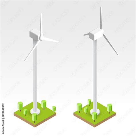 Wind Turbines In D Cartoon Isometric View Isolated On White Background