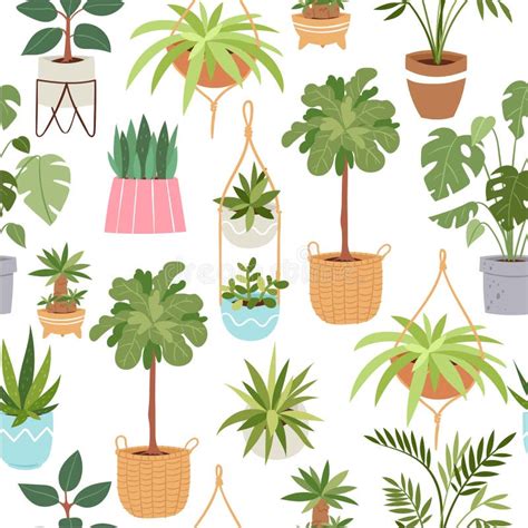 Home Green Potted Plants Vector Seamless Pattern Cartoon Illustration