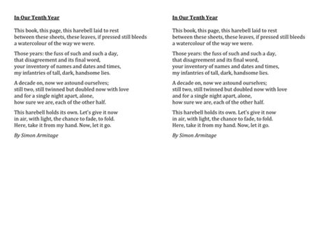 Simon Armitage Poem - 'In Our Tenth Year' | Teaching Resources