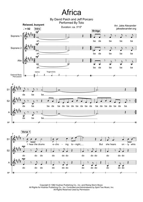 Africa Arr Jake Alexander Sheet Music Toto Ssa Choir