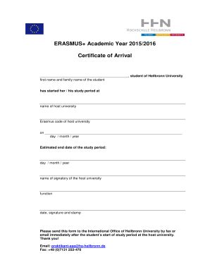 Fillable Online ERASMUS Academic Year 20152016 Certificate Of Arrival