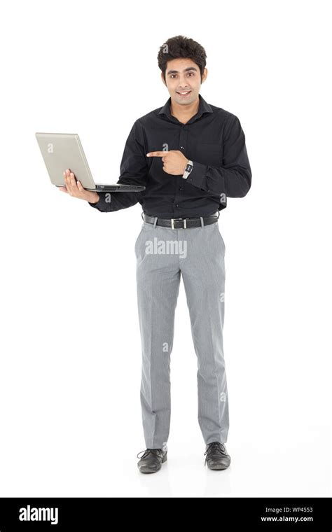 Salesman showing a laptop Stock Photo - Alamy