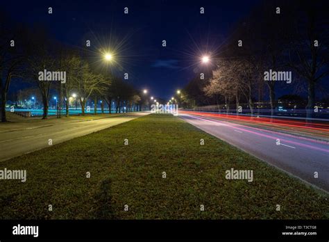 night street lights in Riga, Latvia. lines from cars and bridges Stock ...