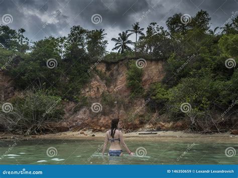 Donna In Bikini Nell Oceano Alla Spiaggia Tropicale Immagine Stock