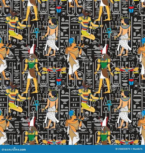 Seamless Pattern With Ancient Egyptian Gods On A Black Background With