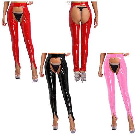 Sholeno Womens Wet Look Patent Leather Lingerie Leggings Open Crotch